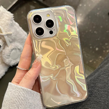 Laser Dazzling Pleated Aurora Water Ripple Phone Case For iPhone 16 15 14 13 12 11 Pro Max XS XR 7 8 Plus Fantasy Glitter Cover